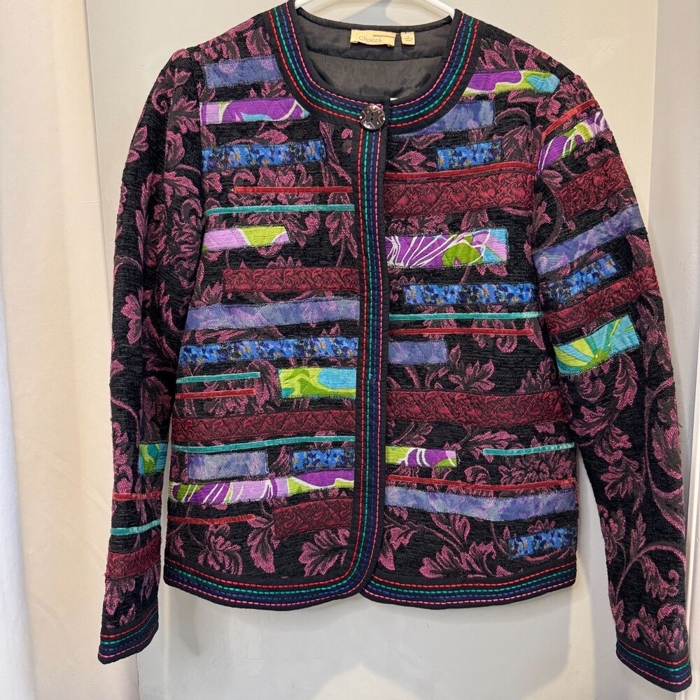 VTG 80s Choices Patchwork Quilted Blazer Jacket S Velvet Floral Grandmacore Boho